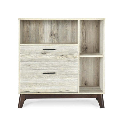 Deschutes Mid-Century Modern 2 Drawer Cabinet, Sanremo Oak and Walnut