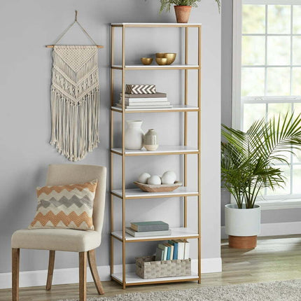 Mainstays 6-Shelf Gold Metal Frame Bookcase, White