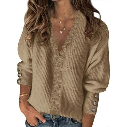 SLADYGLO Women Solid Color V Neck Lace Stitching Buttons Long Sleeves Sweater