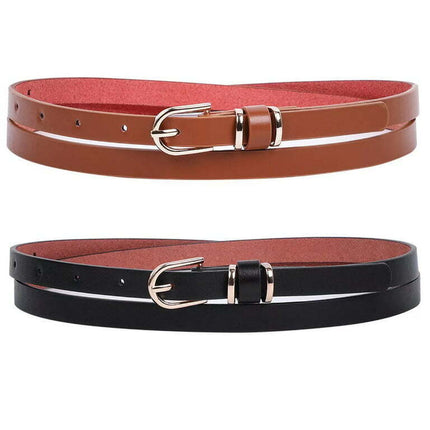 JASGOOD 2PCS Woman Skinny Belts Black and Brown Leather Belt for Jeans Pants