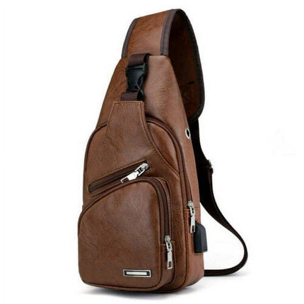 Male Leather Sling Chest Pack, USB Hole Travel Crossbody Bag