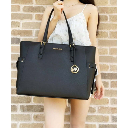 Michael Kors Gilly Large Jet Set Drawstring Top Zip Tote Black Saffiano Leather