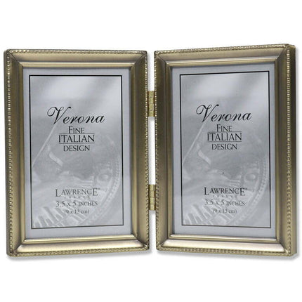 Antique Gold Bead 3.5x5 Hinged Double Picture Frame