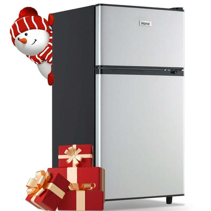 WANAI 3.5 Cu.ft Double Door Mini Fridge with Freezer Side Door Wire Rack Silver