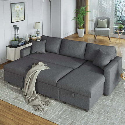 Churanty Upholstery Sleeper Sectional Sofa Pull Out Bed with Storage Chaise,Gray