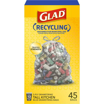 Glad Recycling Tall Drawstring Kitchen Trash Bags, Clear, 13 Gallon, 45 Count