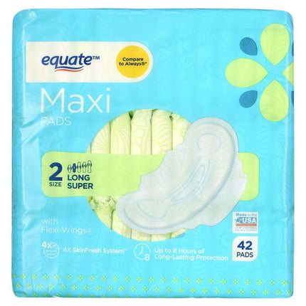 Equate Maxi Pads with Flexi-Wings, Unscented, Long Super, Size 2 (42 Count)