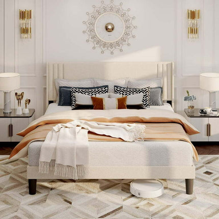 Lofka Queen Bed Frame with Wing Back Upholstered Headboard Beige Finish