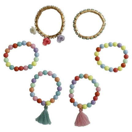 Wonder Nation Pastel Multicolor Beaded and Rose Tassel Stretch Bracelets, 6 Pack