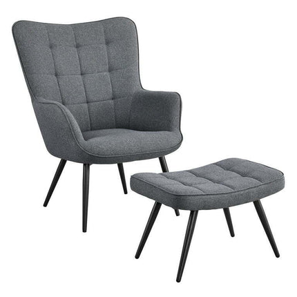 Easyfashion Mid-Century Modern Fabric Wingback Accent Chair with Ottoman, Gray