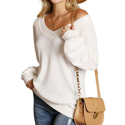 Doublju Womens Long Sleeve Ribbed V Neck Waffle Knit Sweater Top With Plus Size
