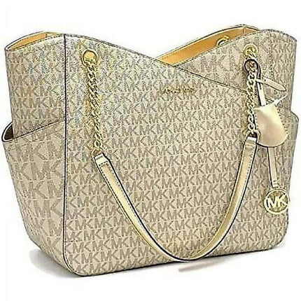 Michael Kors Jet Set Travel Large Chain Shoulder Tote Pale Gold Mk Signature