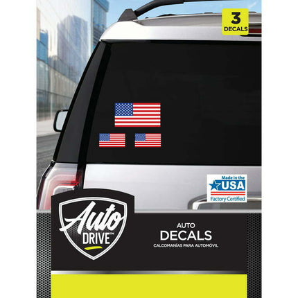 Auto Drive USA Flag Car Stickers Set of 3 Vinyl Decals Red White Blue