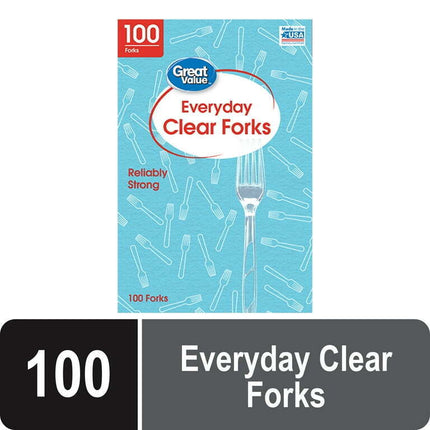 Great Value Everyday Disposable Plastic Forks, Clear, 100 Count