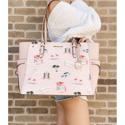 Michael Kors Gilly Large Travel Print Powder Blush Signature PVC Tote Handbag