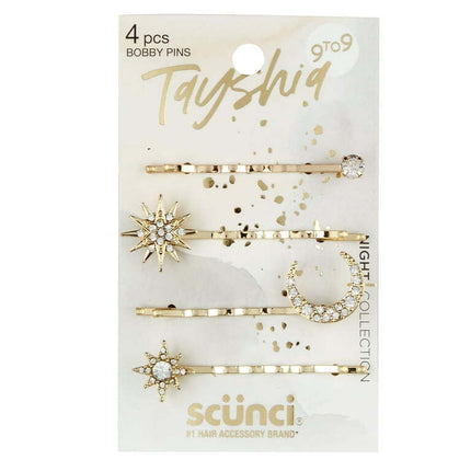 Tayshia by Scunci Rhinestone Celestial Design Bobby Pins, Gold-Tone Metal, 4 Ct