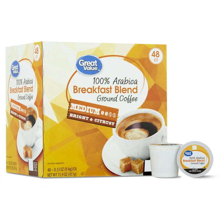 Great Value 100% Arabica Breakfast Blend Medium Roast Ground Coffee Pods, 48 Ct