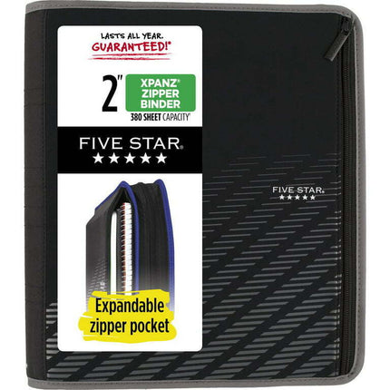 Five Star Xpanz Zipper Binder, 2" Round Rings, 380 Sheets, Gray (28090HX9)