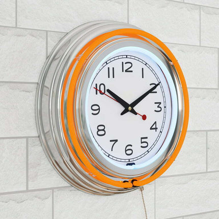 14" Retro Neon Wall Clock, Double Light Ring Vintage Style Clock by Lavish Home