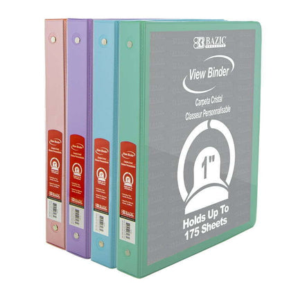BAZIC 3 Ring Binder 1" Economy View Binders Pastel Color, 175 Sheets, 4-Count
