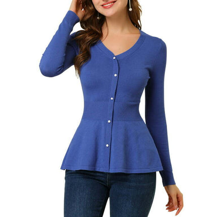 Allegra K Juniors V Neck Long Sleeve Ribbed Pullover Knitted Peplum Sweater