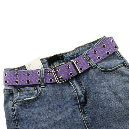 Unisex Women Men Canvas Double Grommet Holes Belt 2-Row Studded Belts Band
