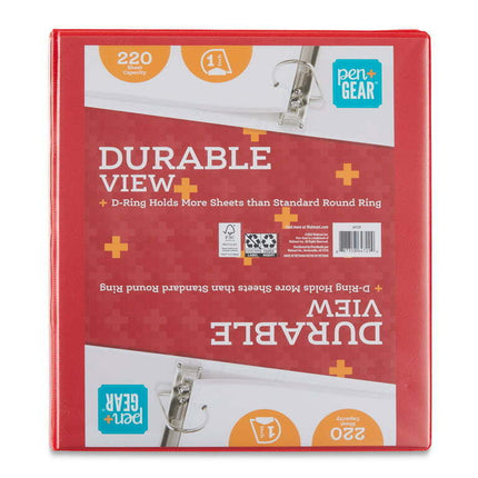 Pen+Gear Durable View 3-Ring Binder with 1-inch Rings, 1” Slanted D-Rings, Red