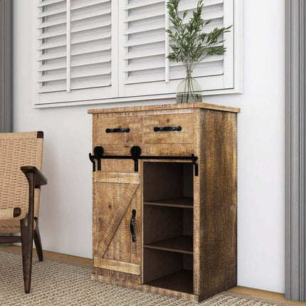 Fir Wood and Metal Farmhouse Barn Door Accent Cabinet Antique brown