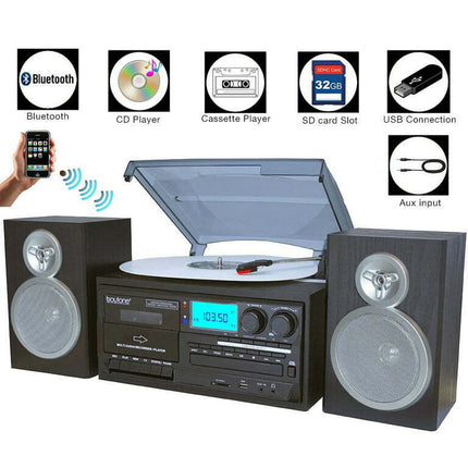 Boytone BT-28SBS Bluetooth Classic Style Record Player Turntable w/ CD Player