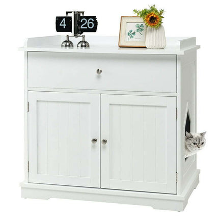 Gymax Wooden Cat Litter Box Enclosure w/ Drawer Side Table Furniture White