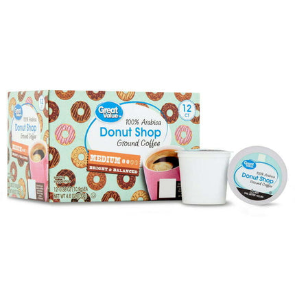Great Value Donut Shop 100% Arabica Medium Roast Ground Coffee Pods, 12 Ct
