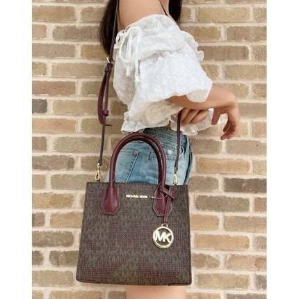 Michael Kors Mercer Medium Messenger Satchel Crossbody Merlot Brown MK Perforate