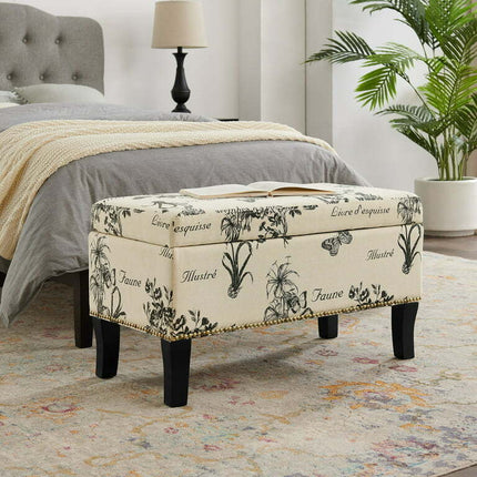 Linon 32” Stephanie Cream Botanical Linen Upholstered Storage Ottoman Bench