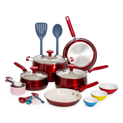 Tasty Clean Ceramic 23 Piece Non-Stick Aluminum Cookware Set, Red