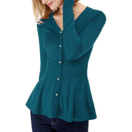 Allegra K Women's V Neck Long Sleeve Ribbed Pullover Knitted Peplum Sweater