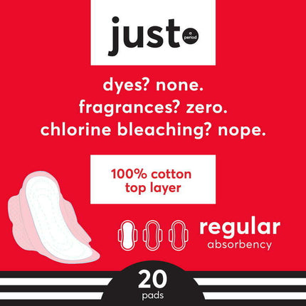 JUST Cotton Top Layer Pads, Ultra-Thin with Wings, Regular, 20 Count