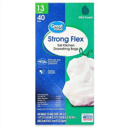 Great Value Strong Flex 13 Gallon Tall Kitchen Trash Bags, Mint Scent, 40 Count