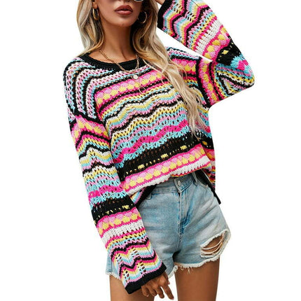 Seyurigaoka Women Sweater Variegated Color Flared Sleeves Round Collar Knitwear