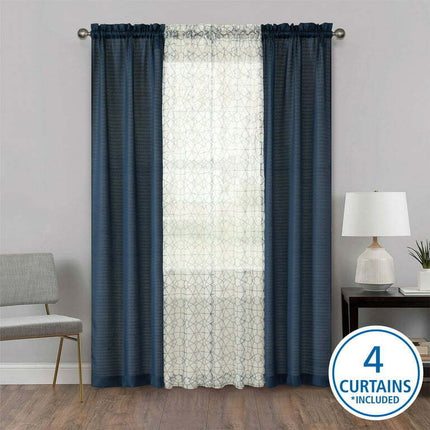 Mainstays 4 Piece Geometric Window Panel, 27.5x84, Blue Moon