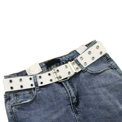 Unisex Women Men Canvas Double Grommet Holes Belt 2-Row Studded Belts Band