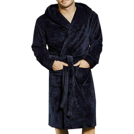 Men Long Sleepwear Robes Shawl Collar Fleece Bathrobe Spa Gown Kimono Pajamas