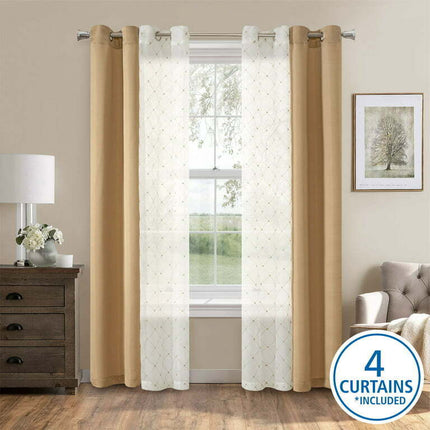 Mainstays 4 Piece Embroidered Curtain Panel Set,27.5" x 54" inch Panels, Gold