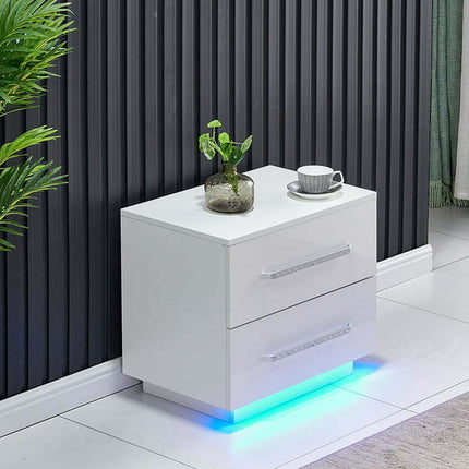 Modern High Gloss End Table Side Table & Led Lights Living Room White 
