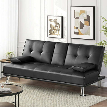 Easyfashion Modern Faux Leather Futon with Cupholders and Pillows, Black