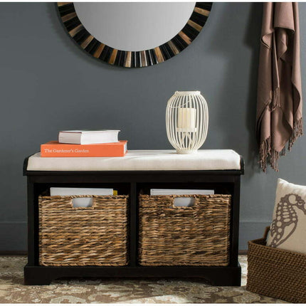 SAFAVIEH Freddy Contemporary Wicker Storage Bench with Cushion, Distressed Black