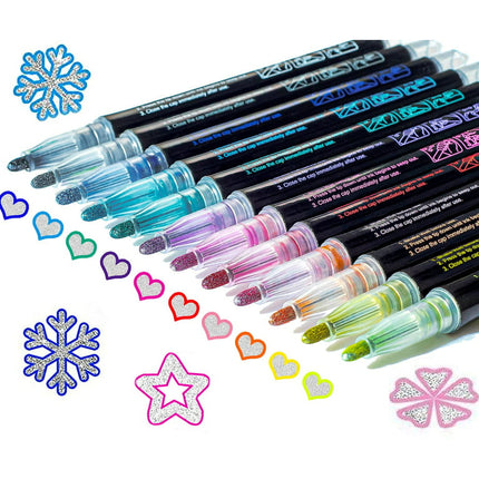 12 Colors Shimmer Outline Markers, Double Line Metallic Pen Set Sparkle Self-Outline Doodle Marker Cool Magic Silver Glitter Dazzle Pen Card Dazzlers Terrain Art Paint Hill Drawing Kid