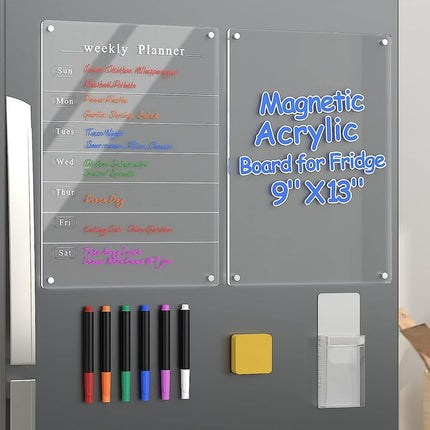 2 Pcs Magnetic Weekly Calendar for Fridge, Polegas 9"x13" Acrylic Magnet Dry Erase Board, Small Week Meal Planner Board for Refrigerator, Clear Whiteboard Calendar for Student, Home, Office, School