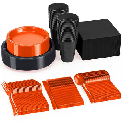350-Piece Halloween Themed Orange & Black Party Plates and Cutlery Set - Serves 50