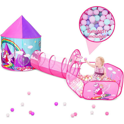 3PC Princess Tent for Girls with Kids Ball Pit & Baby Tunnel Indoor Outdoor Polyester Toddlers Toys