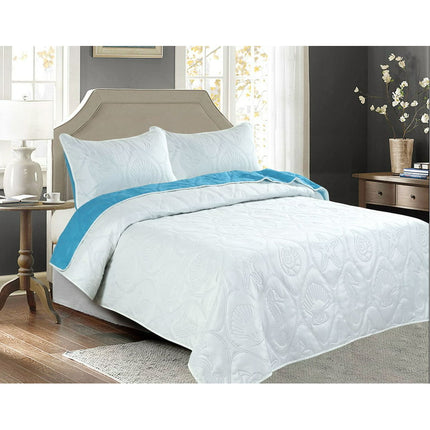 3 PCS Shell & Seahorse Stitched Pinsonic Reversible Lightweight All Season Bedspread Quilt Coverlet Oversize, Blue Color, King Size